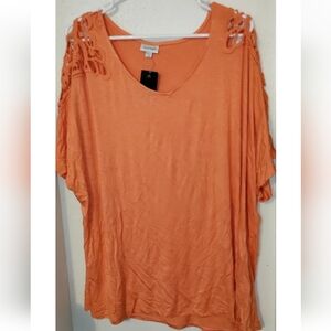 NEW Avenue 26/28 4X Orange Tunic Top Open Knit Shoulder Short Sleeve Shirt